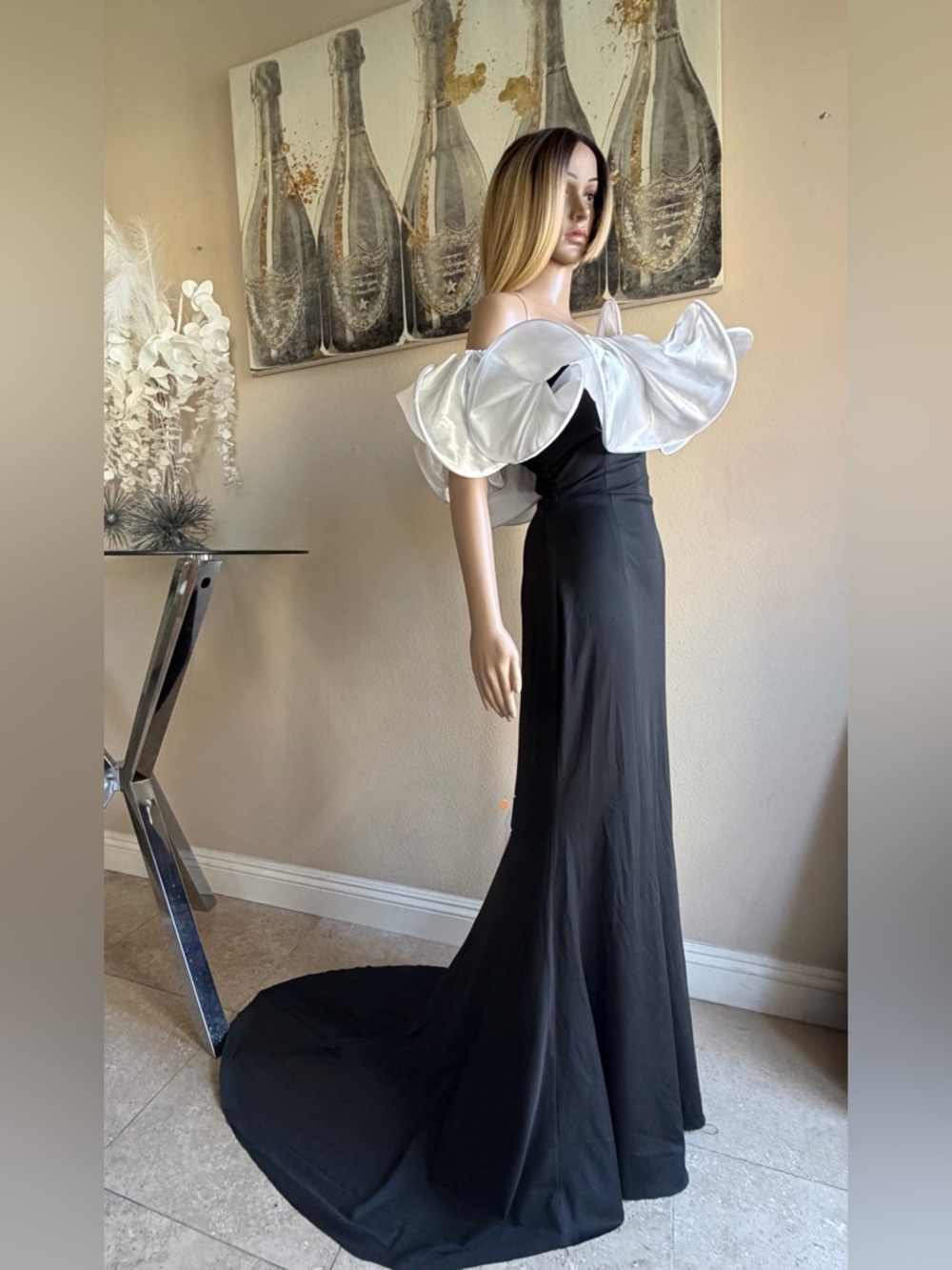 Black Gown with Dramatic White Ruffled Off-Shoulder Detail